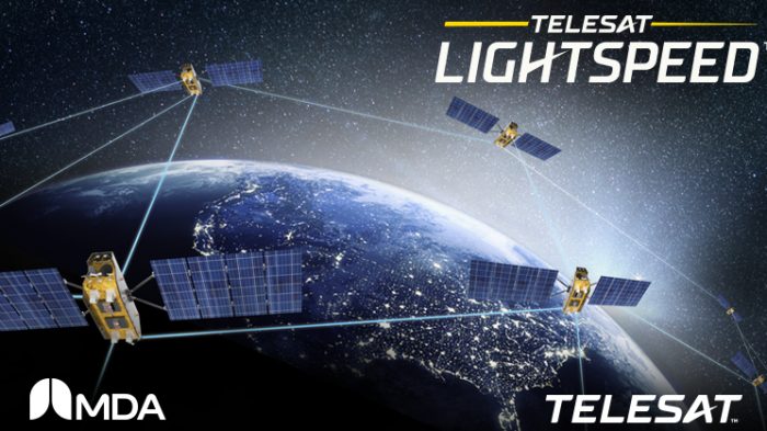 Telesat Lightspeed satellite with OISLs around Earth MDA logo, Telesat logo and Telesat Lightspeed logo