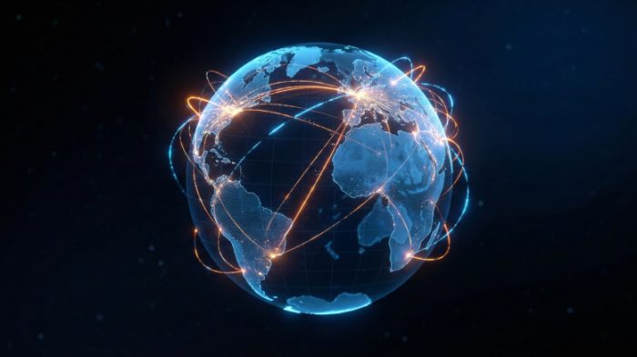 A digital illustration of Earth with glowing lines connecting regions across North America, Europe, Africa, and South America, symbolizing global communications and satellite connectivity.