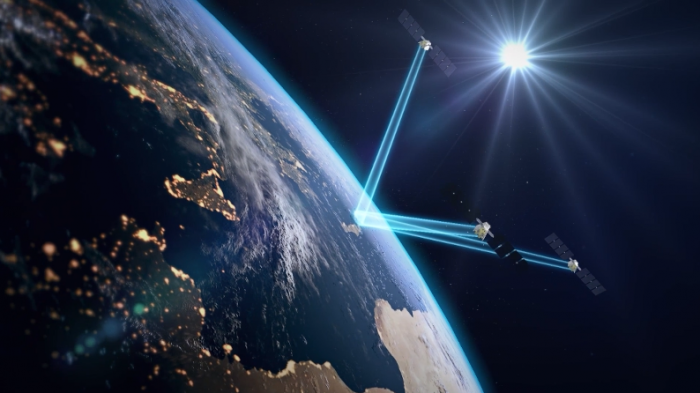 Satellites in orbit transmitting data beams to Earth, illustrating global connectivity and space-based communication networks.