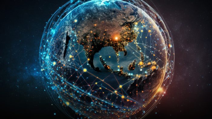 Globe viewed from space with illuminated cities and a dense web of interconnected network lines and nodes encircling Earth, representing global digital connectivity and data exchange.